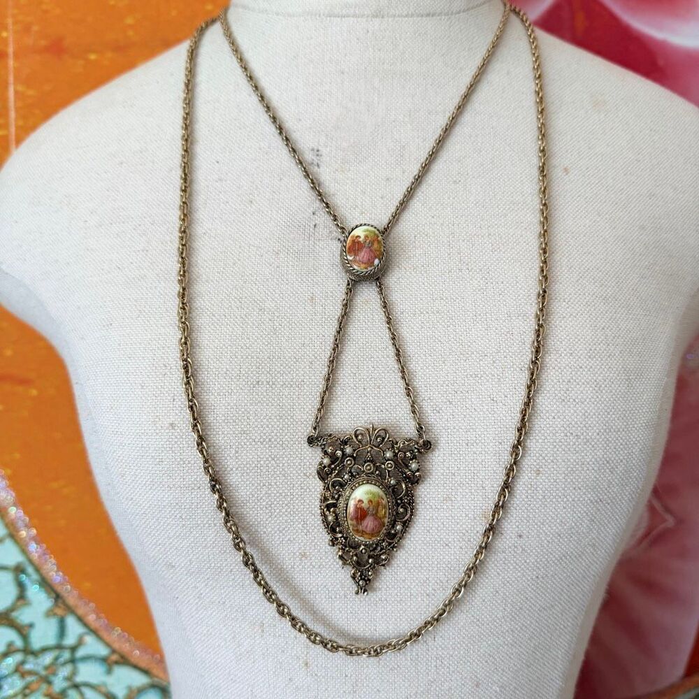 Vintage 1970s Renaissance Revival Portrait Cameo Double Chain Necklace